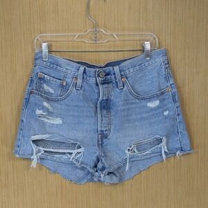 Levi Strauss 501 Cut Off Denim Shorts Womens 30 Distressed Button Fly Light Wash